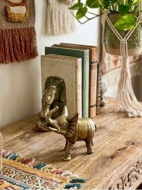 Vintage Brass Elephant Figurine Trunk Up Good Luck Boho Decor-Small